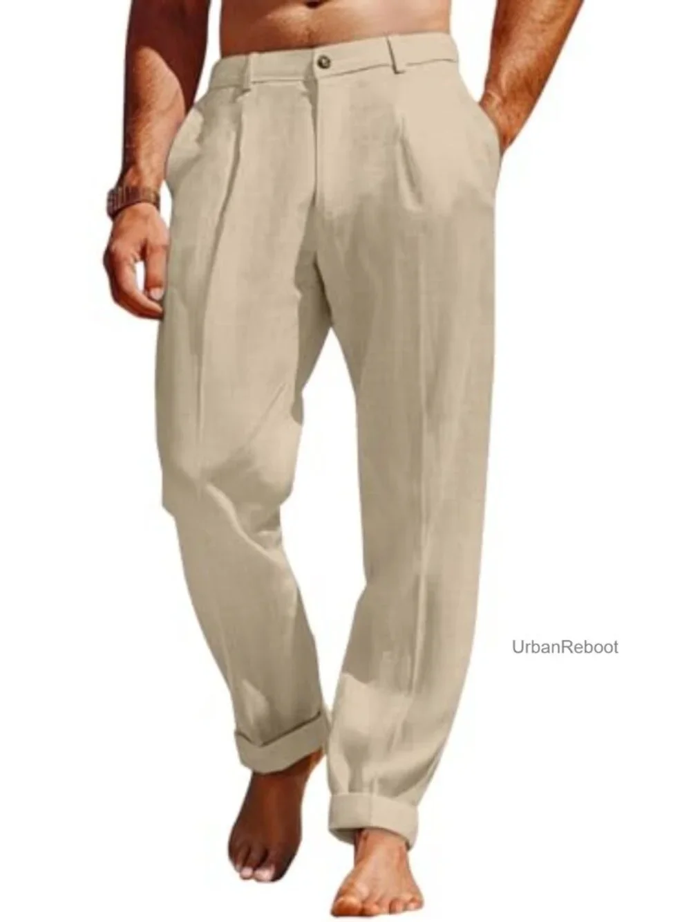 Mens Linen Blend Pants Casual Summer Elastic Waist Lightweight Loose Fit